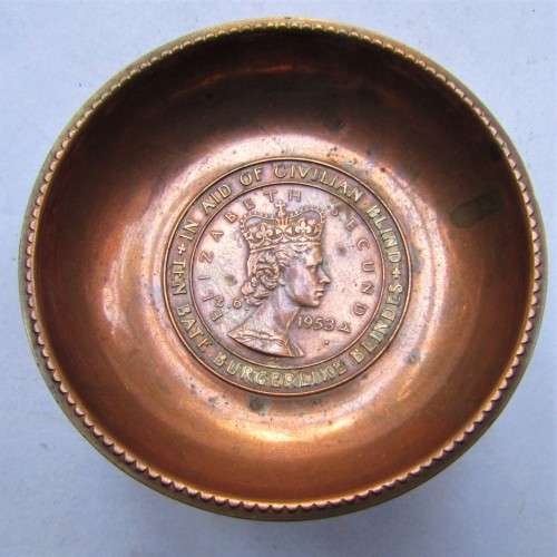 1953 Queen Elizabeth II Aid of Civilian Blind Bilingual Copper Pin Tray