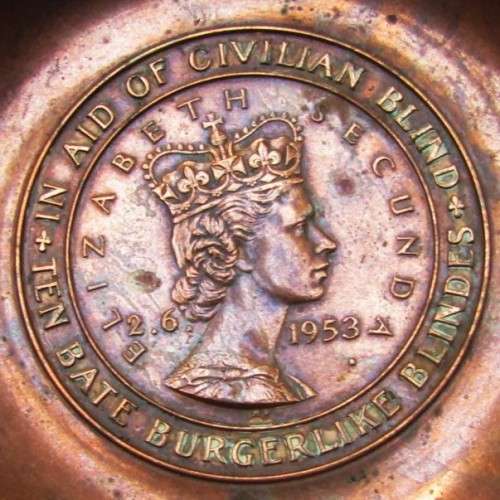 1953 Queen Elizabeth II Aid of Civilian Blind Bilingual Copper Pin Tray