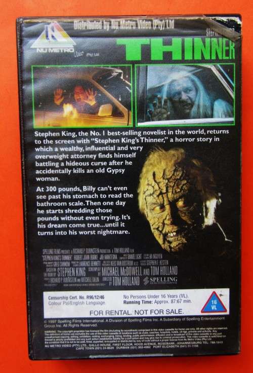Thinner - Stephen King - Horror Movie VHS Tape (1997)