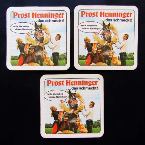 3 Old German Henninger Beer Coasters