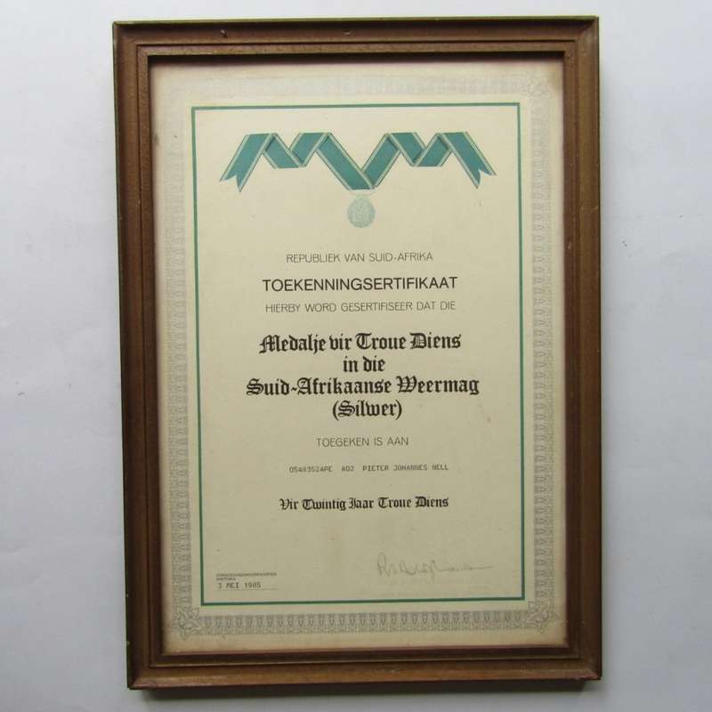 1985 SADF Silwer Medalje vir Troue Diens Award Certificate