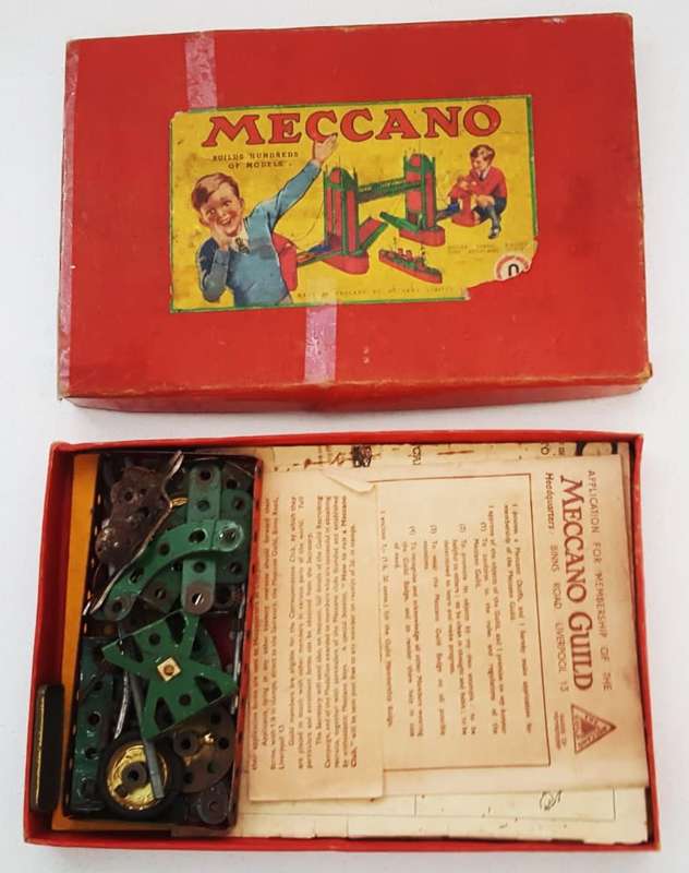 Vintage Meccano Box with Parts and Pamphlets
