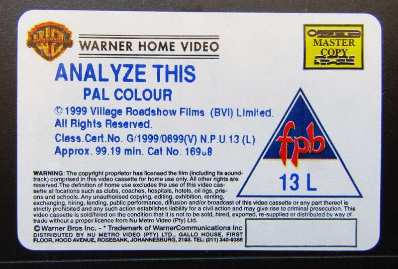 Analyze This - Robert De Niro - Movie VHS Tape (1999)
