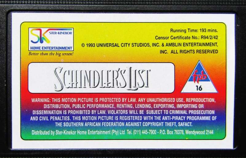 Schindler`s List - Steven Spielberg - Movie VHS Tape (1994)
