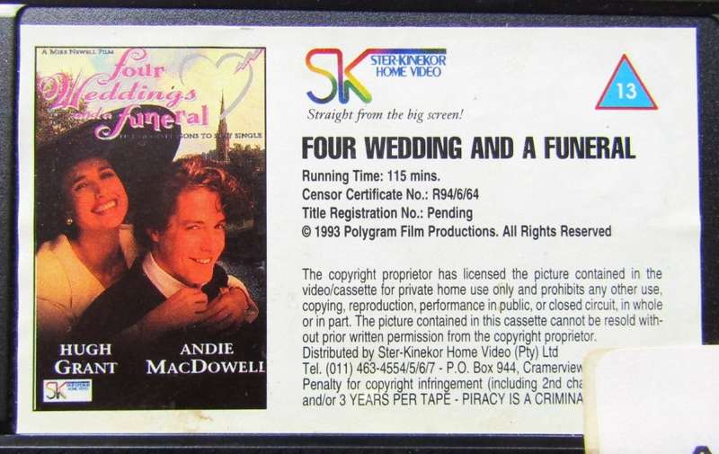 Four Weddings and a Funeral - Movie VHS Tape (1994)
