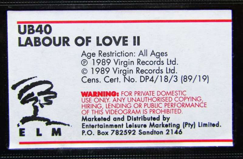 UB40 - Labour of Love II - VHS Video Tape (1989)