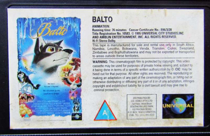 Balto - Kevin Bacon - Animation Movie VHS Tape (1996)