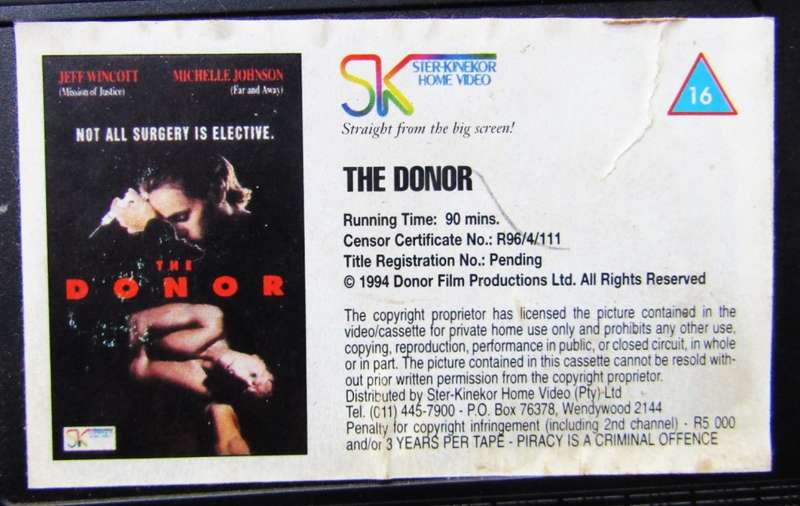 The Donor - Jeff Wincott - Movie VHS Tape (1996)