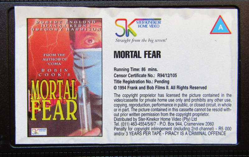 Mortal Fear - Robin Cook - Movie VHS Tape (1994)