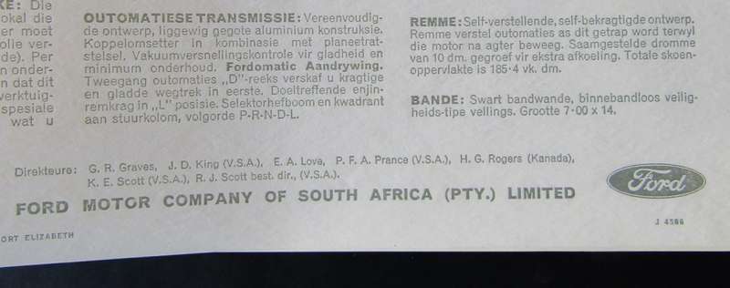1964 Galaxie Fairlane Ford Afrikaans Car Brochure