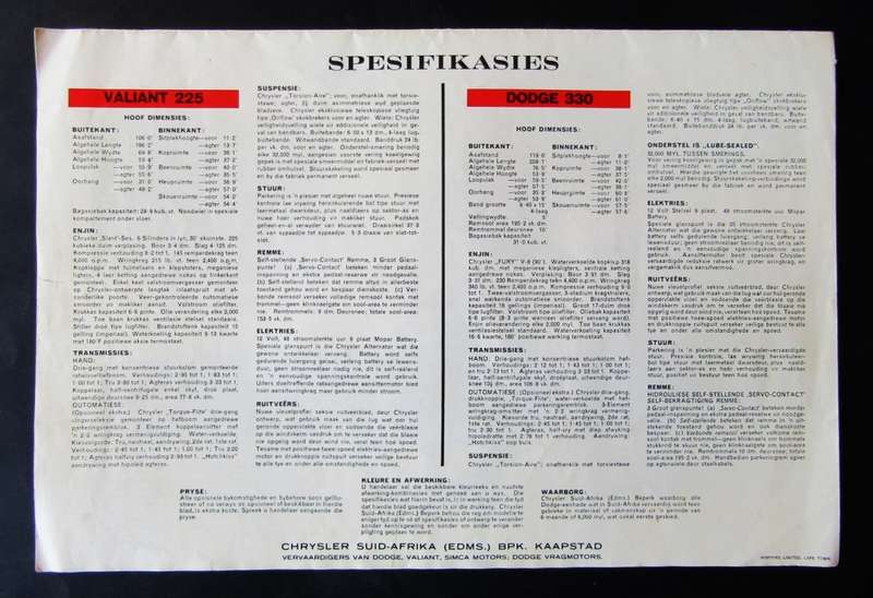 1963 Dodge 330 and Valiant 225 Chrysler Afrikaans Car Brochure