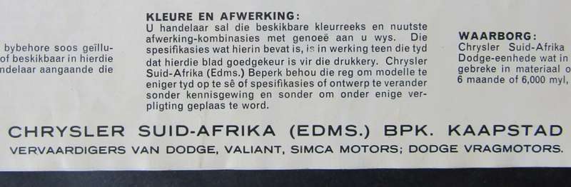 1963 Dodge 330 and Valiant 225 Chrysler Afrikaans Car Brochure