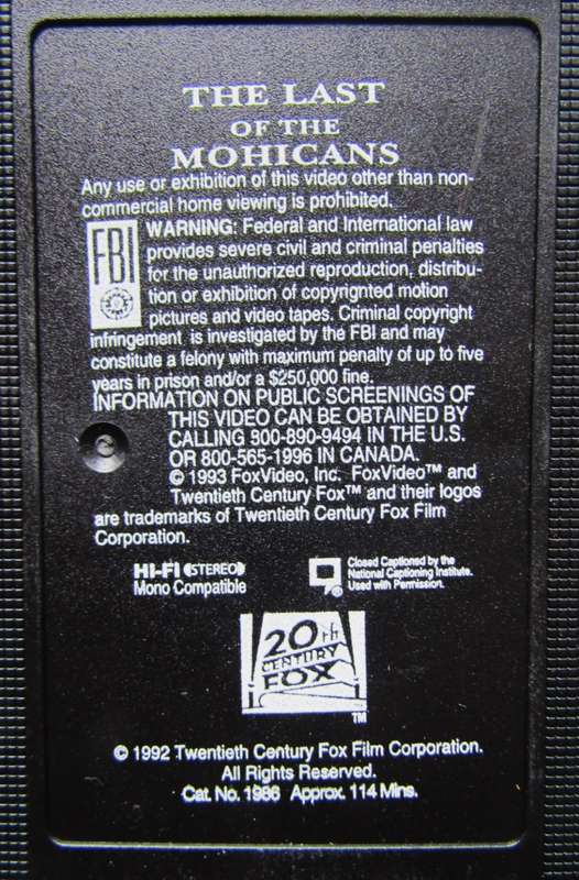The Last of the Mohicans - Daniel Day Lewis - Movie VHS Tape (1993)
