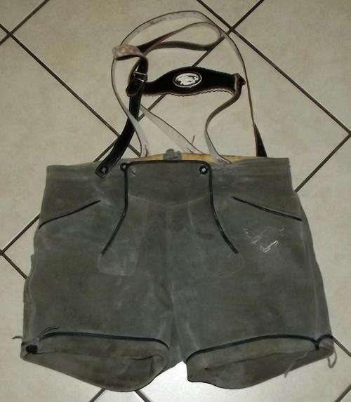 German WW2 Era Grey Leather Lederhosen Suspender Shorts
