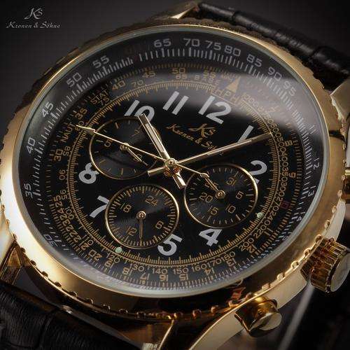 *FREE DELIVERY* KRONEN & SOHNE Aviator Black and Gold Automatic Mechanical Watch BOXED w/ PAPERS