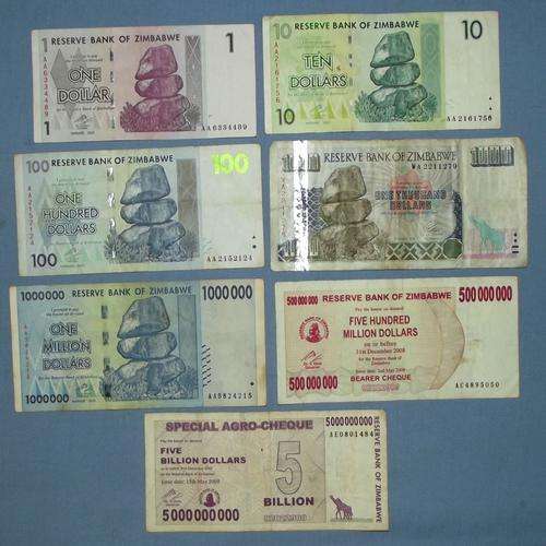 Lot of 7 Zimbabwe Bank Notes - One Dollar to Five Billion Dollars