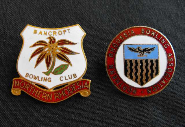 2 OLD NORTHERN RHODESIA BOWLING LAPEL PIN BADGES