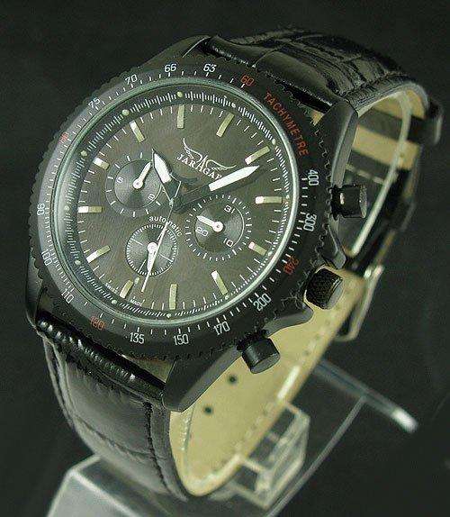 NEW JARAGAR BLACK TACHYMETRE AUTOMATIC 6 HAND MENS WATCH