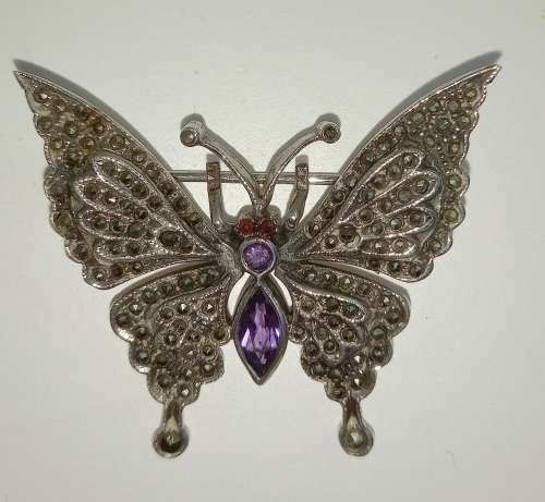 Silver Marcasite Brooch With Amethyst And Garnet