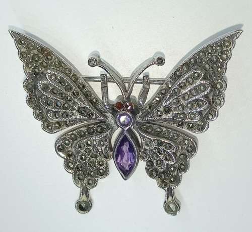 Silver Marcasite Brooch With Amethyst And Garnet
