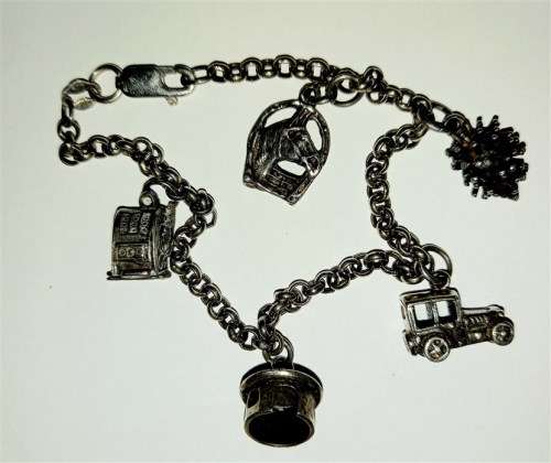Vintage Sterling Silver 925 Belcher chain Charm Bracelet with 5 SS Charms