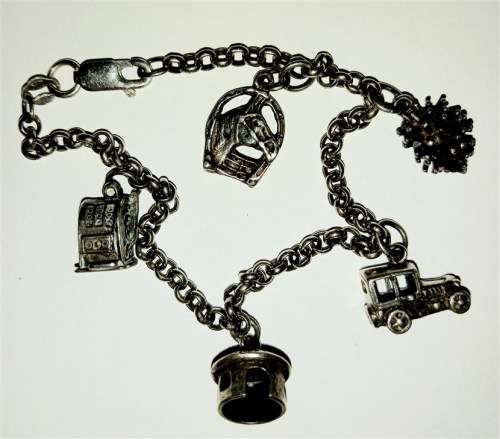 Vintage Sterling Silver 925 Belcher chain Charm Bracelet with 5 SS Charms