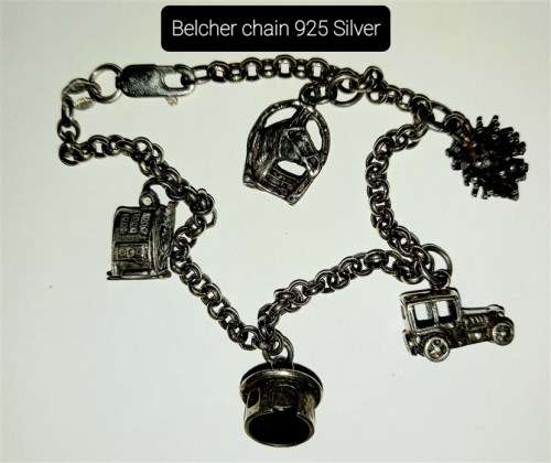 Vintage Sterling Silver 925 Belcher chain Charm Bracelet with 5 SS Charms