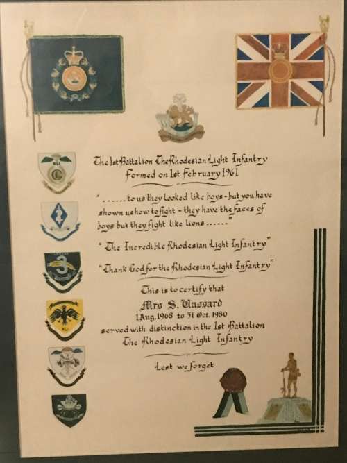 Rhodesian Light Infantry 1st battalion Certificate of service