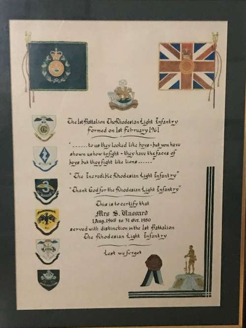 Rhodesian Light Infantry 1st battalion Certificate of service