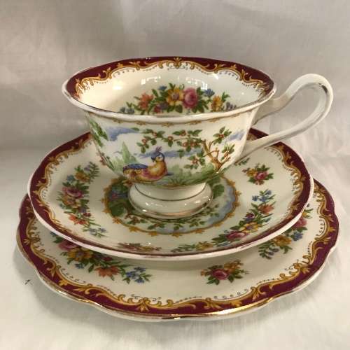 Royal Albert Chelsea Bird 6 trios,milk jug and cake plate.