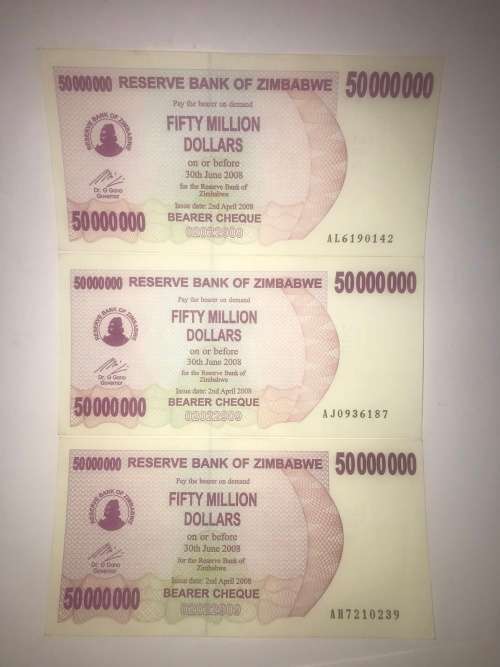 Zimbabwe Bearer cheques 2 April 2008 $50 000 000 uncirculated x 3
