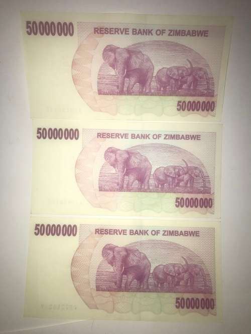 Zimbabwe Bearer cheques 2 April 2008 $50 000 000 uncirculated x 3