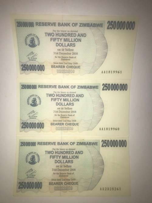 Zimbabwe Bearer cheque 31st December 2008 $250 000 000 uncirculated X 3