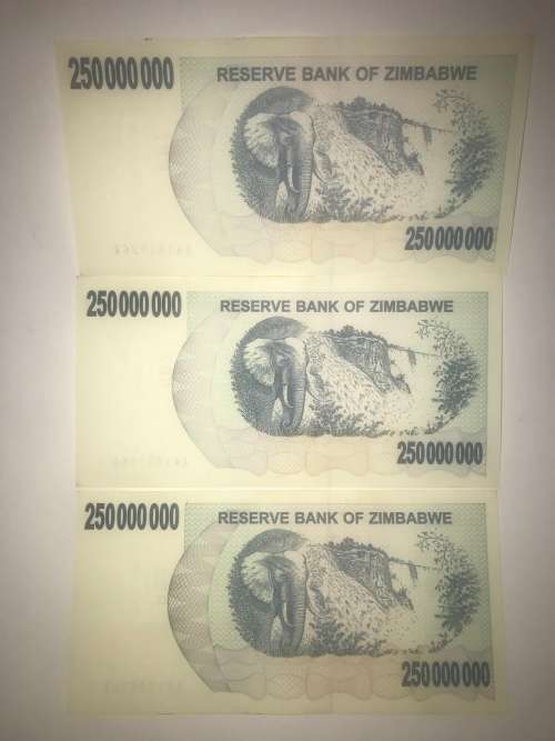 Zimbabwe Bearer cheque 31st December 2008 $250 000 000 uncirculated X 3