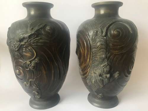 Magnificent Pair of Antique Japanese Bronze Vases