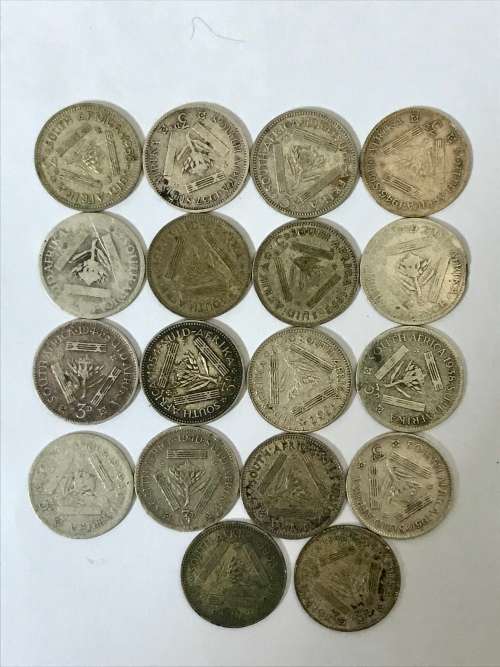 S A UNION SILVER 3D THREEPENCE (LOT OF 18)