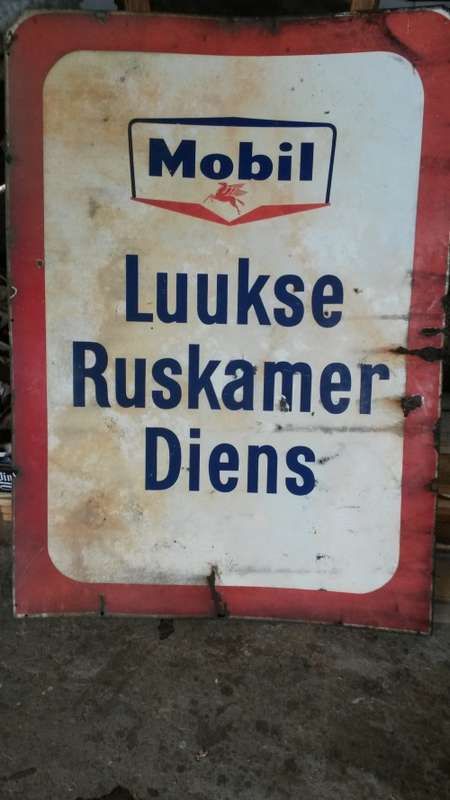 Early Pegasus Mobil Oil two sided English and Afrikaans enamel sign