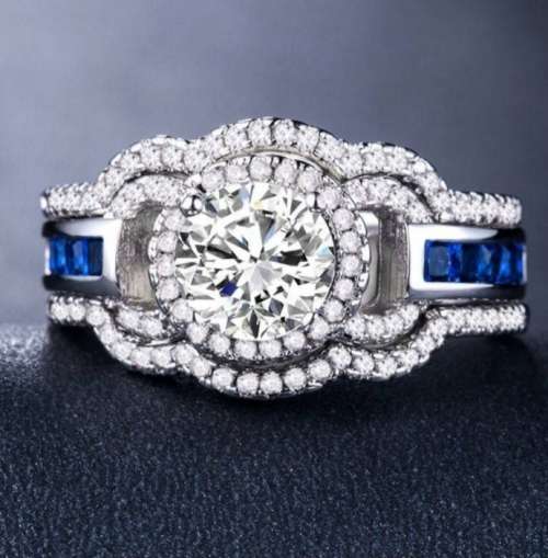 Gorgeous S925 cz diamond and sapphire triple wedding set...size 7,8,11
