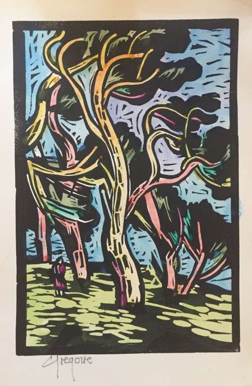 Gregoire Boonzaier - Watercolored Linocut: Trees