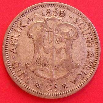 1958 Union of South Africa -  2 Shilling - 50% silver. Please judge coin by photo's..