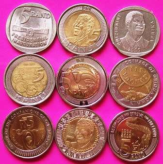 9 X R5.00 coins - See description and photo's.