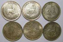 6 SA Crowns - 1948, 49, 51, 2 x1952 and 53 See photo's. Starting bid below silver price.