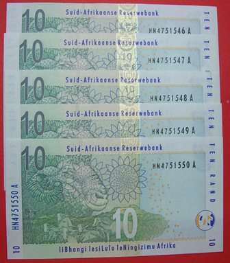 TT Mboweni 5 X R10.00 - Serial No's HN4751546A to -- 550A