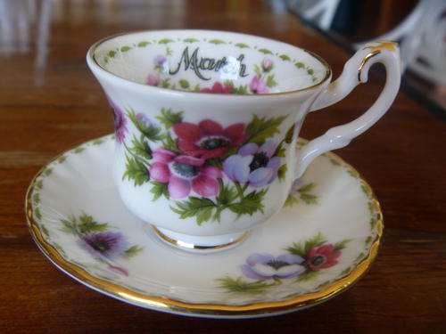 Vintage Bone China Teacup Saucer England Royal Ascot Demitasse Mauve Anemone Flowers Gold Trim 1970