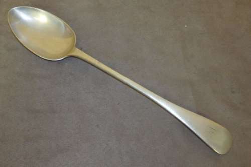 A SUPERB ANTIQUE (X-LARGE) SILVER PLATED SERVING SPOON w/ A BEAUTIFUL MONOGRAMMED "HA" ON THE HANDLE