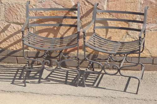 2x SUPERBLY MADE AND SOLIDLY BUILT WROUGHT IRON "CARVER" STYLE DINING CHAIRS bid/chair