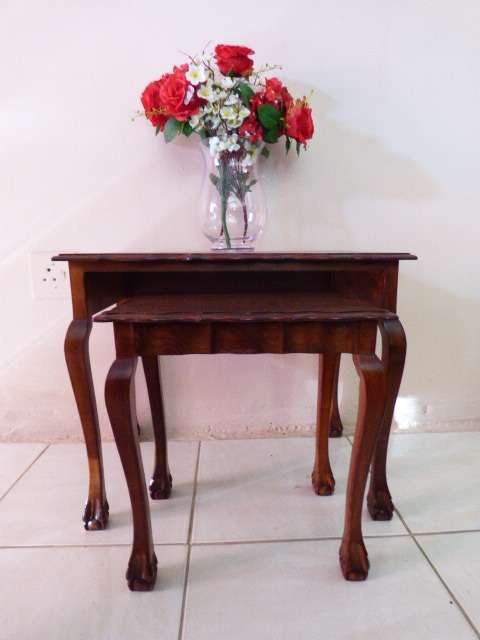 A FABULOUS SET OF TWO WOODEN STACKING/ NESTING TABLES, SUITABLE IN ANY LIVING AREA AROUND THE HOME!