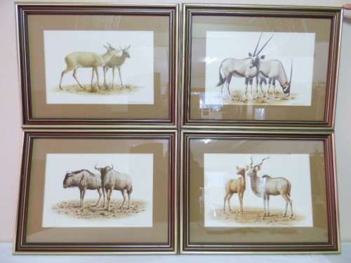 4 EXQUISITE SIGNED ANIMAL PRINTS OF A KUDU, GREY DUIKER, BLUE WILDEBEEST AND A GEMSBOK, FRAMED!!