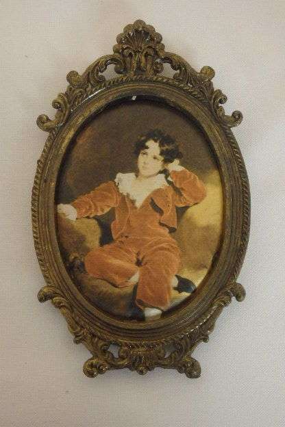 A BEAUTIFUL ORNATE ITALIAN MADE METAL PICTURE FRAME WITH A "SILK" PERIOD PICTURE