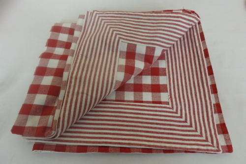 A FANTASTIC "WOOLWORTHS" RED AND WHITE "CHECKED" TABLE CLOTH WITH A BROAD STRIPED BORDER